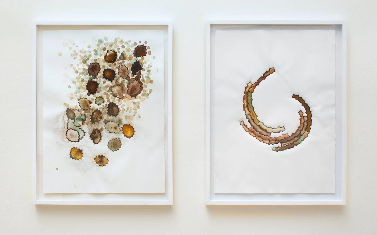 Kessler syndrome (1) and Fold/Fault I, Handmade inks (oxidized metal, walnut ink, turmeric, sawdust, iron oxide, soil, copper) on paper, 30 x 20 inches (Source: terryjamesconrad.com)